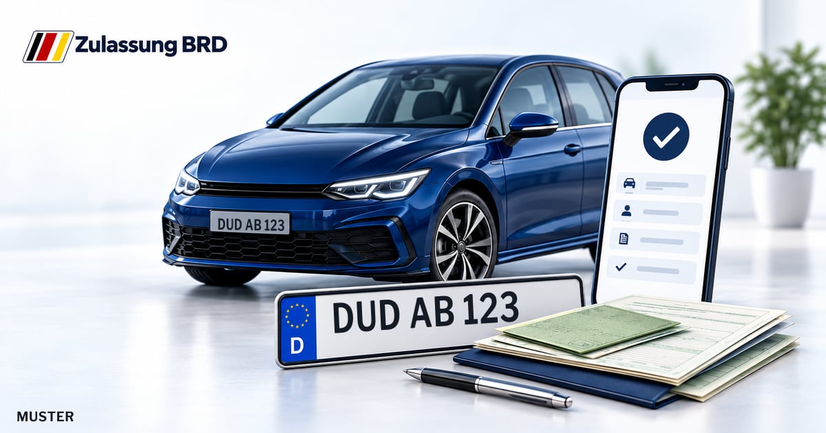 Online Fahrzeugzulassung in Bovenden: Musterkennzeichen DUD AB 123, Auto und Fahrzeugpapiere und Smartphone. Illustration mit Logo von Zulassung BRD.